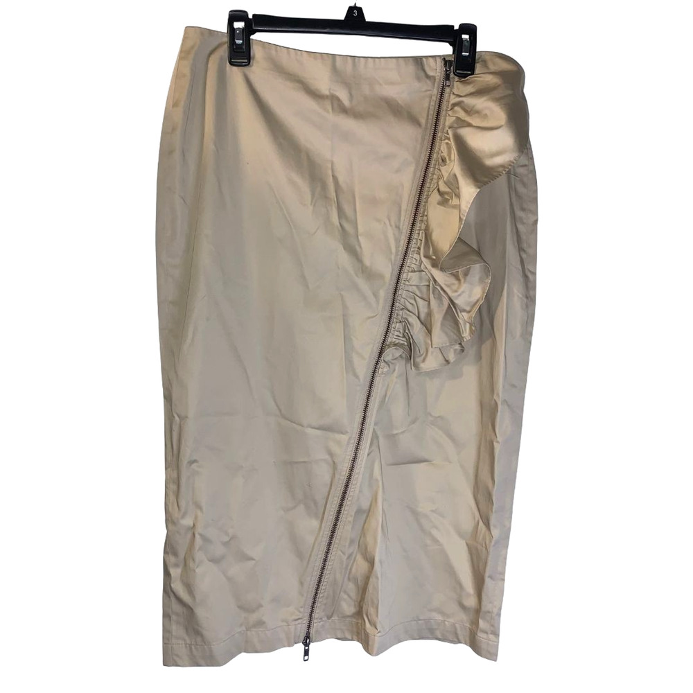 Chelsea28 Women's Ruffled Coquette Asymmetric Zip Midi Skirt Size L NEW Tan